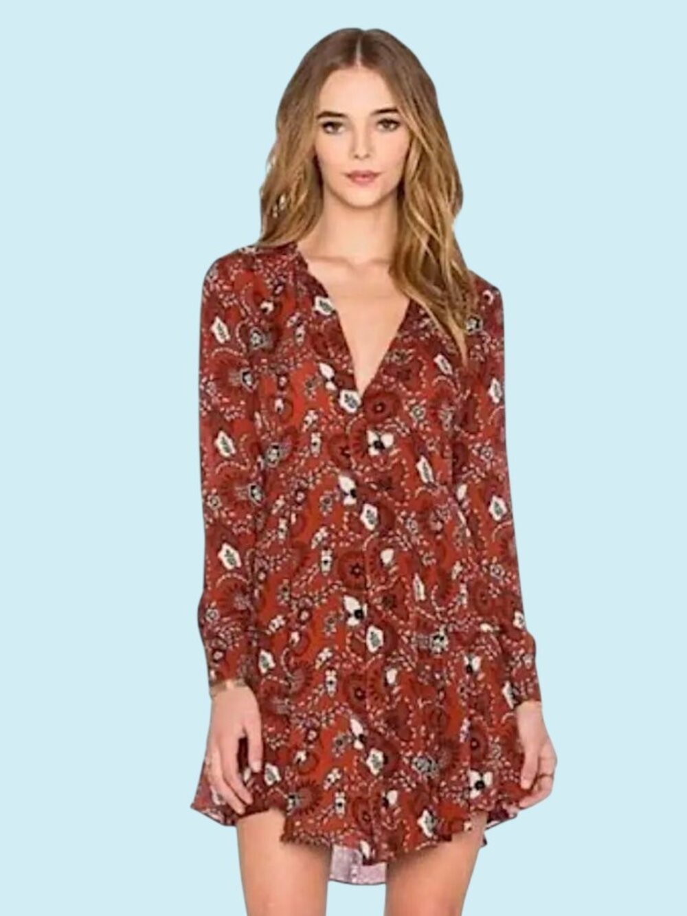 A.L.C. Randi Mini Shirtdress Size 0 Red Floral Silk Chiffon Long Sleeve Boho